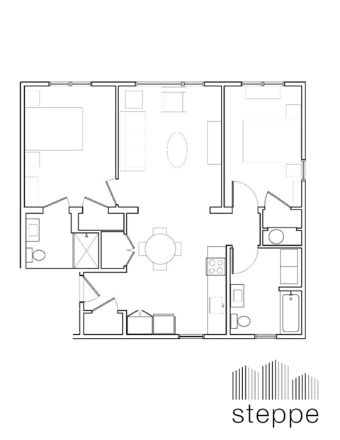 A black and white image of a floor plan with the word "steppe" at the bottom.